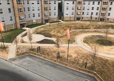 Resin bound pathways and seating areas for Bellway Homes in Chertsey
